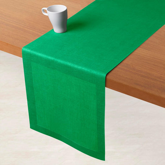 D'Moksha Homes Linen Kelly Green Table Runner 120 Inches Long - 100% Pure Linen Dining Table Runner 14 x 120 Inch for Fall, Autumn and Halloween - Machine Washable
