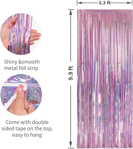 Crosize 5 Pack 3.3 x 9.9 ft Laser Pink Foil Fringe Curtains Party Decorations, Laser Pink Tinsel Curtain Backdrop for Parties, Door Streamers, Glitter Streamer Backdrop for Birthday Decoration