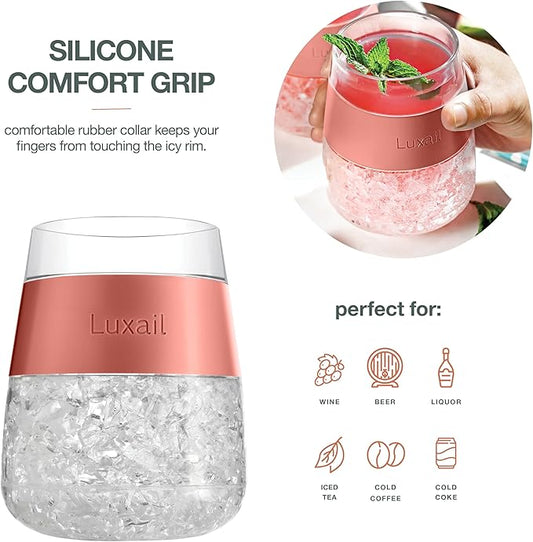 Wine Glasses, Plastic Wine Glasses Set of 2, Wine Gifts, Double Wall Insulated Freezer Tumbler, Stemless Freezer cups for Red and white Wine, 8.5 Oz, Coral