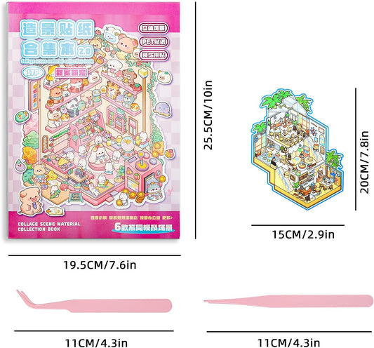 DIY Sticker Scenes for Adults Kids, Sticker Therapy Collection Book Stress Relief Pass The Time,Large Size Make Your Own House Miniature Cute Cartoon Animal Isometric Scene