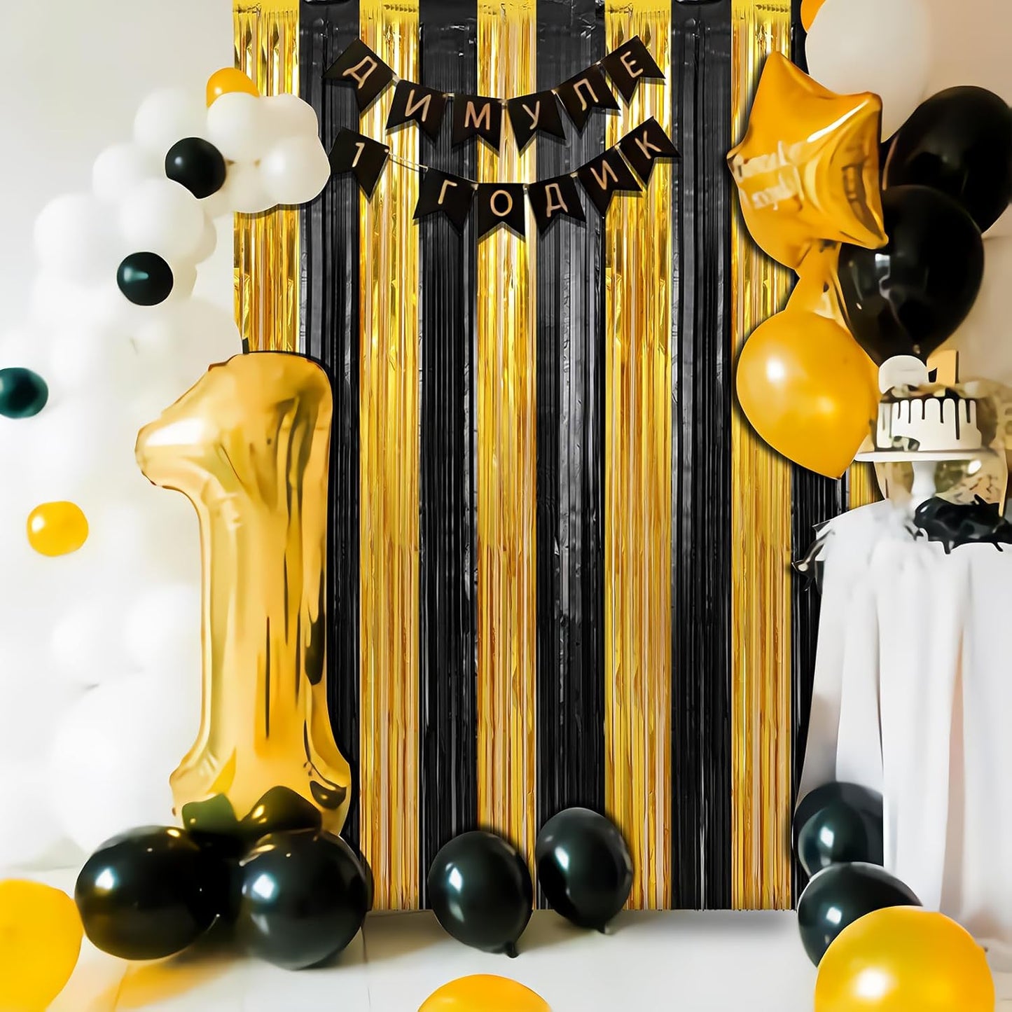 Crosize 3 Pack 3.3 x 9.9 ft Black & Gold Foil Fringe Curtains Party Decorations, Black & Gold Tinsel Curtain Backdrop for Parties, Door Streamers, Glitter Streamer Backdrop for Birthday Decoration