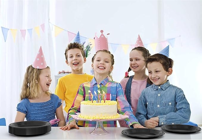 Party Solids Black Plastic Plates For Party Supplies, Black Disposable Plates 100 Pieces - 50-7" & 50-9" Heavy Duty 350 GSM Disposable Dinnerware Sets, Plastic Dinnerware Sets