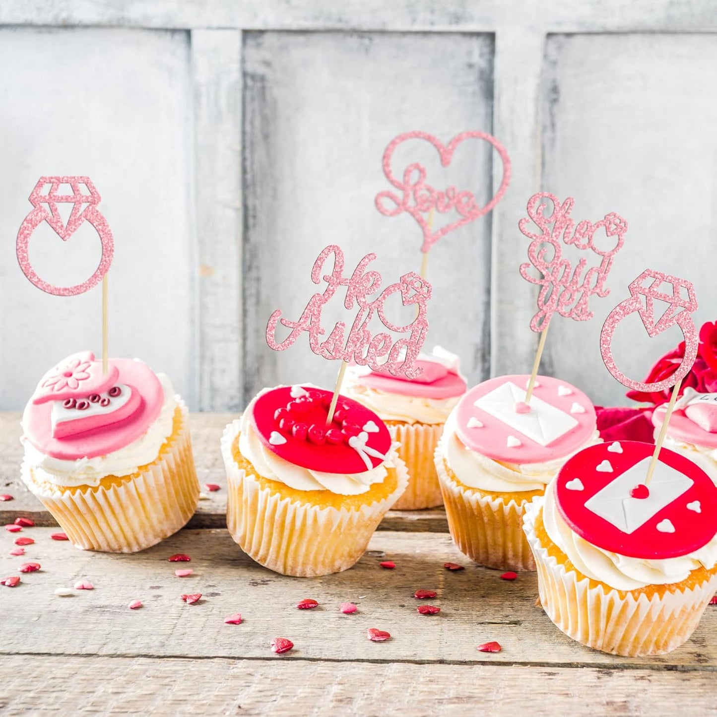 Gyufise Pink 24Pcs He Asked She Said Yes Cupcake Toppers Diamond Ring Heart Cake Picks for Wedding Engagement Party Cake Decorations