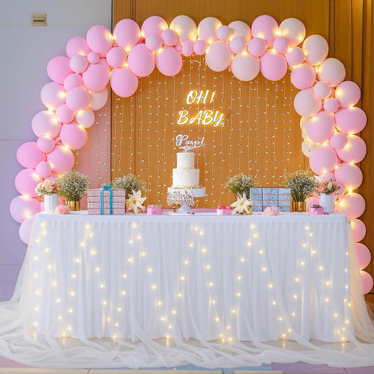 6FT White Tulle Table Skirt for Rectangle or Round Tables White Tutu Table Skirt with LED Lights for Princess Birthday Party Baby Shower Gender Reveal Wedding Banquet Cake Dessert Decorations