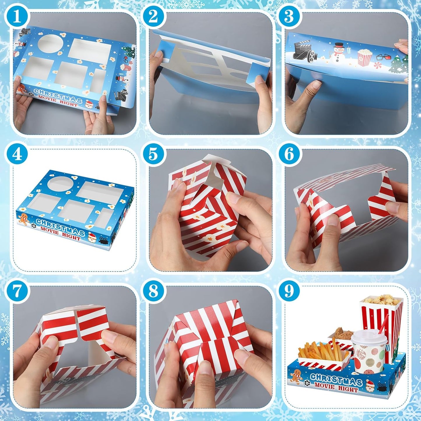 Bokon 172 Pcs/ 24 Sets of Christmas Movie Night Snack Trays 3 Sizes Snack Boxes, 16 oz Disposable Drinks Cups, 50 Straws, Complimentary Sealing Stickers for Cinema Party Decoration(Paper,Stripe)
