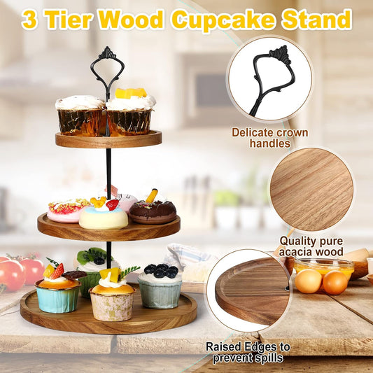 Zopeal 3 Set 3 Tier Wood Cupcake Stand,Rustic Wooden Serving Tray Farmhouse Dessert Display Tiered Cake Tower Holder for Kitchen Wedding Birthday Tea Party Decorations(Large(7.9''9.8''11.8''))