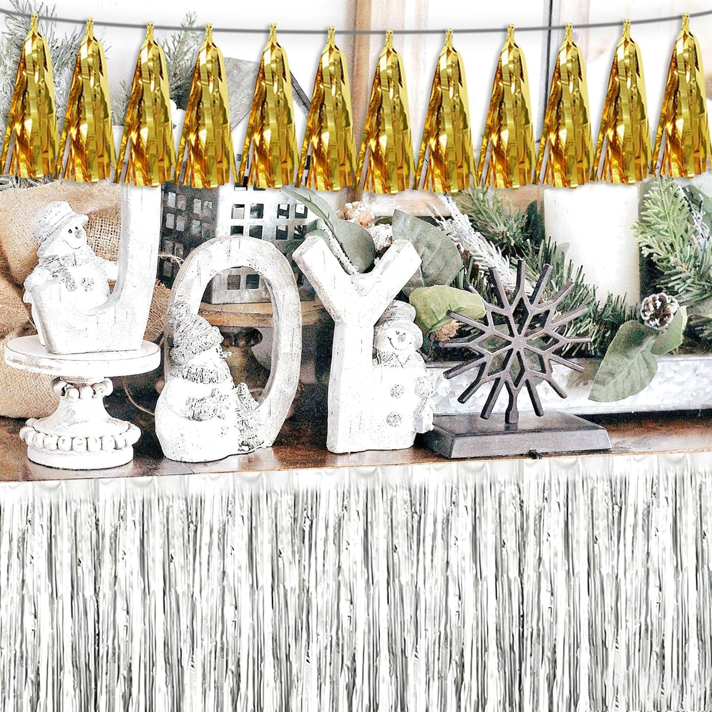 3P Gold Tassel Banner Garland Metallic Foil Fringe Banner Tinsel Tassels Streamer Banner Backdrop for Parade Floats, 2025 Graduation Decorations, Wedding Party Decoration