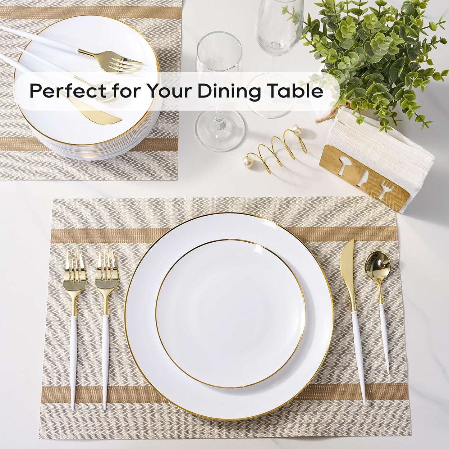 FOCUSLINE 100 Count Gold Plastic Plates 7 Inch, Disposable Heavy Duty Salad Dessert Plates, Premium Hard Plastic Plate Disposable with Gold Rim for Wedding Parties
