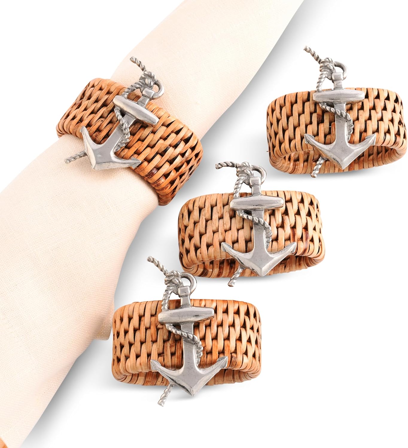 Vagabond House Pewter Anchor Oval Rattan Napkin Rings, Woven Wicker, Natural Eco-Friendly Coastal Decor, Set of 4 for Beach House, Rattan Decor, House Naturals