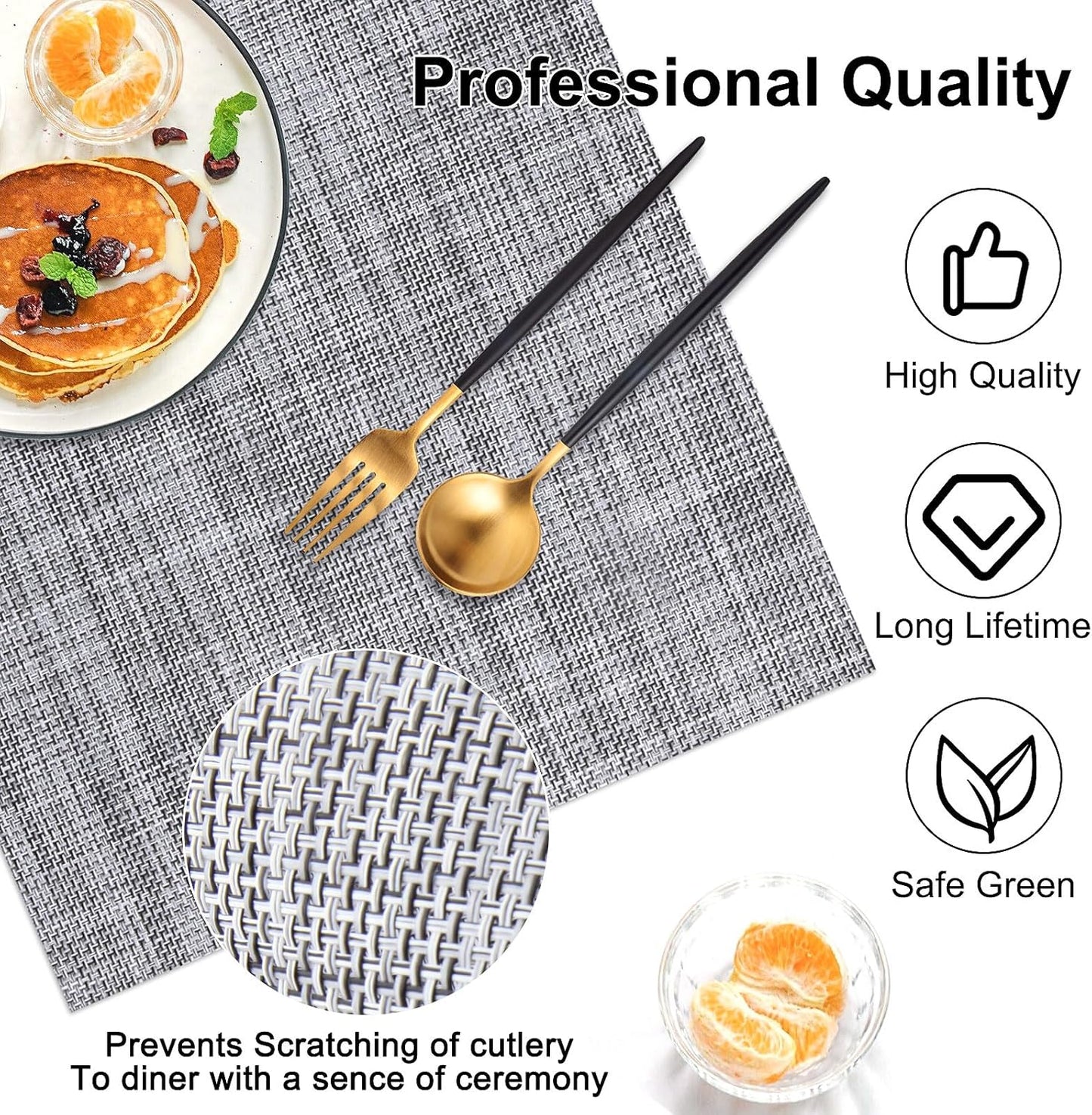 Vinyl Placemats Set of 8, PVC Woven Washable Non-Slip Table Mats, Heat Resistant Wrinkle Free Place Mats for Dining Table, Easy to Clean (8, Light Grey)
