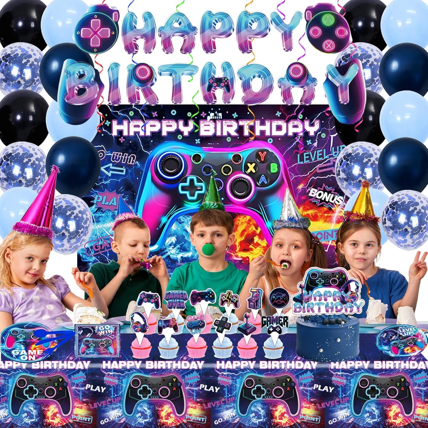 Video Game Birthday Party Supplies, Game Theme Style Party Include Happy Birthday Banner, Backdrop, Tableware Set, Tablecloth, Hanging Swirls, Cake Toppers, Cupcake Toppers, Latex Balloons (Game)