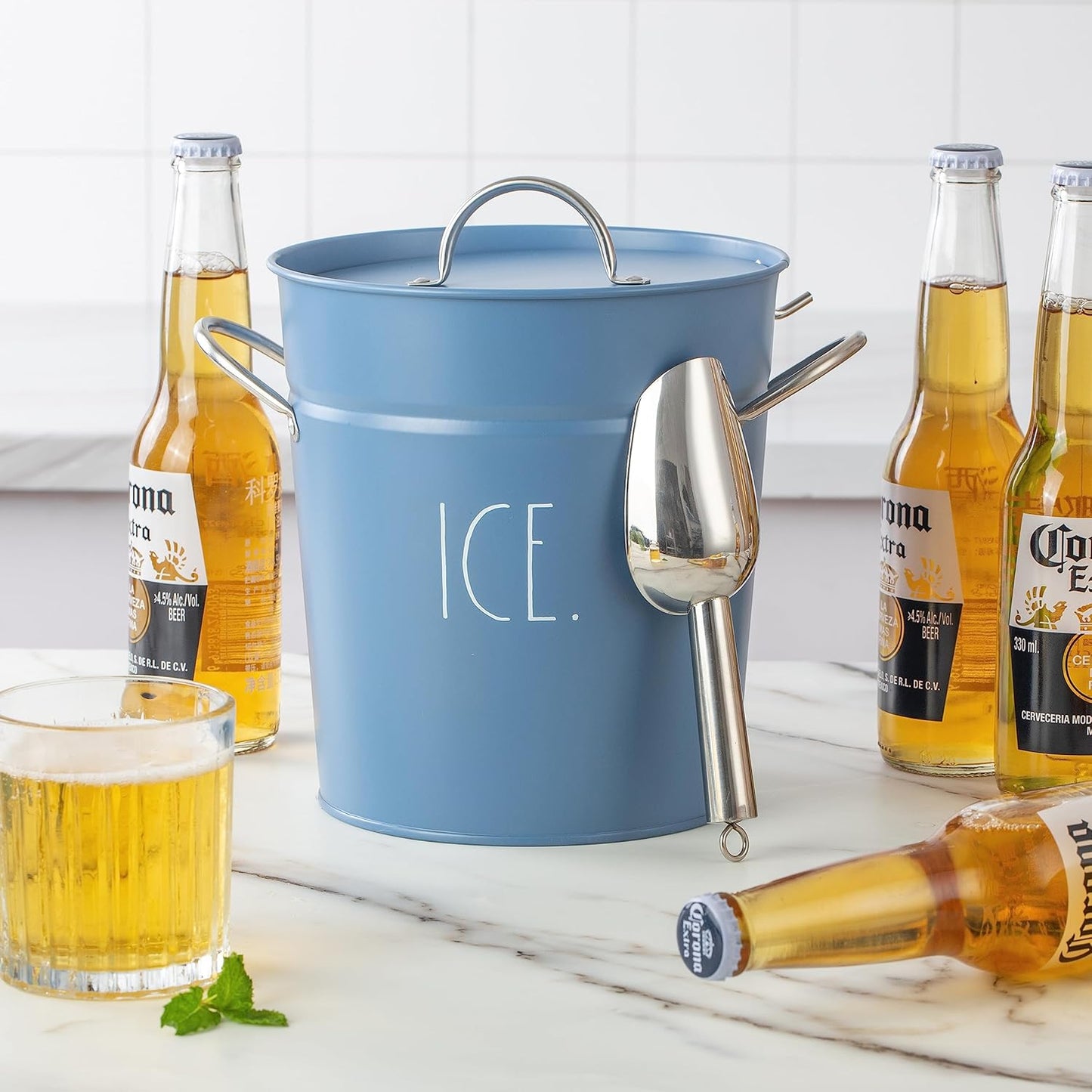 Rae Dunn Ice Bucket with Scoop - Stainless Steel Bucket with Handle, Lid and Ice Scooper - 4 Qt. Storage Bin for Ice Cubes for Bars, Parties, Backyard Barbeques, Picnics, and Camping (Blue)
