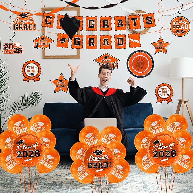 Orange Themed 2026 Graduation Decorations Set - Congrats Grad Banner, Class of 2026 Backdrop, Balloons & Streamers Kit - Complete Party Supplies for High School & College Celebrations