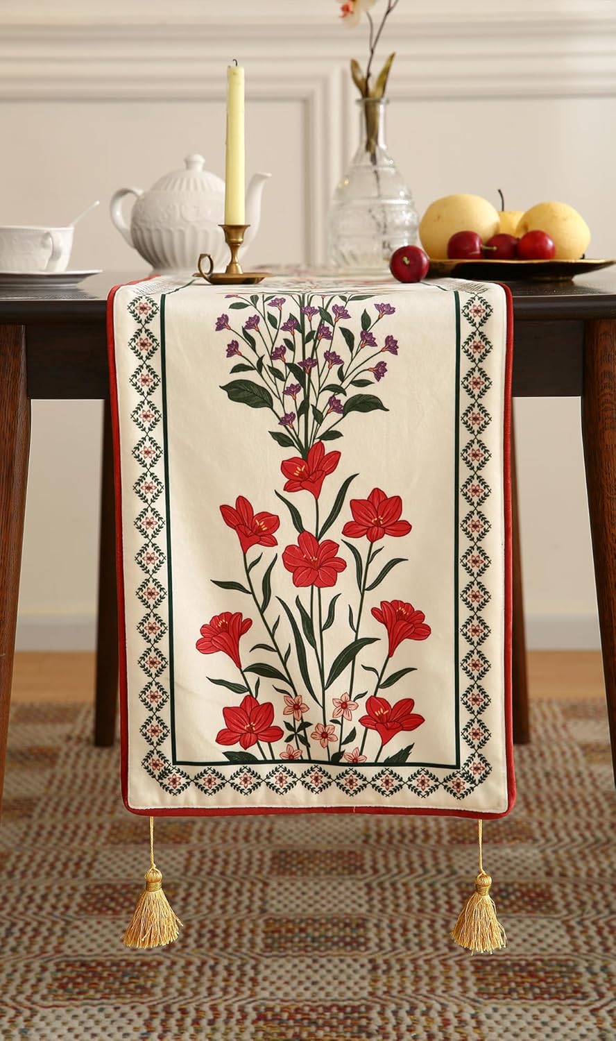 ISAENNE Designer Velvet Colorful Table Runner 87 Inches Long,Farmhouse Rustic Floral Pattern Decor Table Runners for Dining Tables,Thanksgiving,Kitchen Tables,Christmas,12"*87"-Bertina D