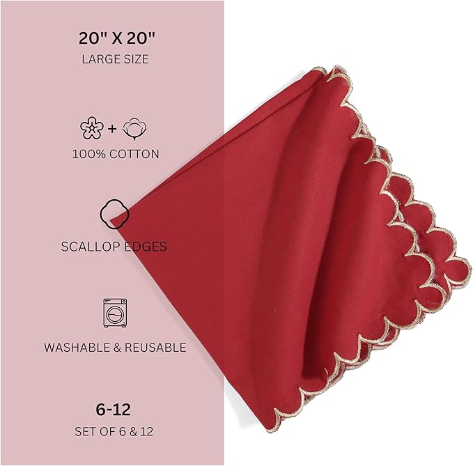FINGERCRAFT Cloth Napkins, Everyday Use Scallop Design with Golden Zari, Premium Quality Natural Cotton Napkin Cloth Set of 6 Perfect for Parties Dinners Weddings Christmas 20x20 inch Tango Red