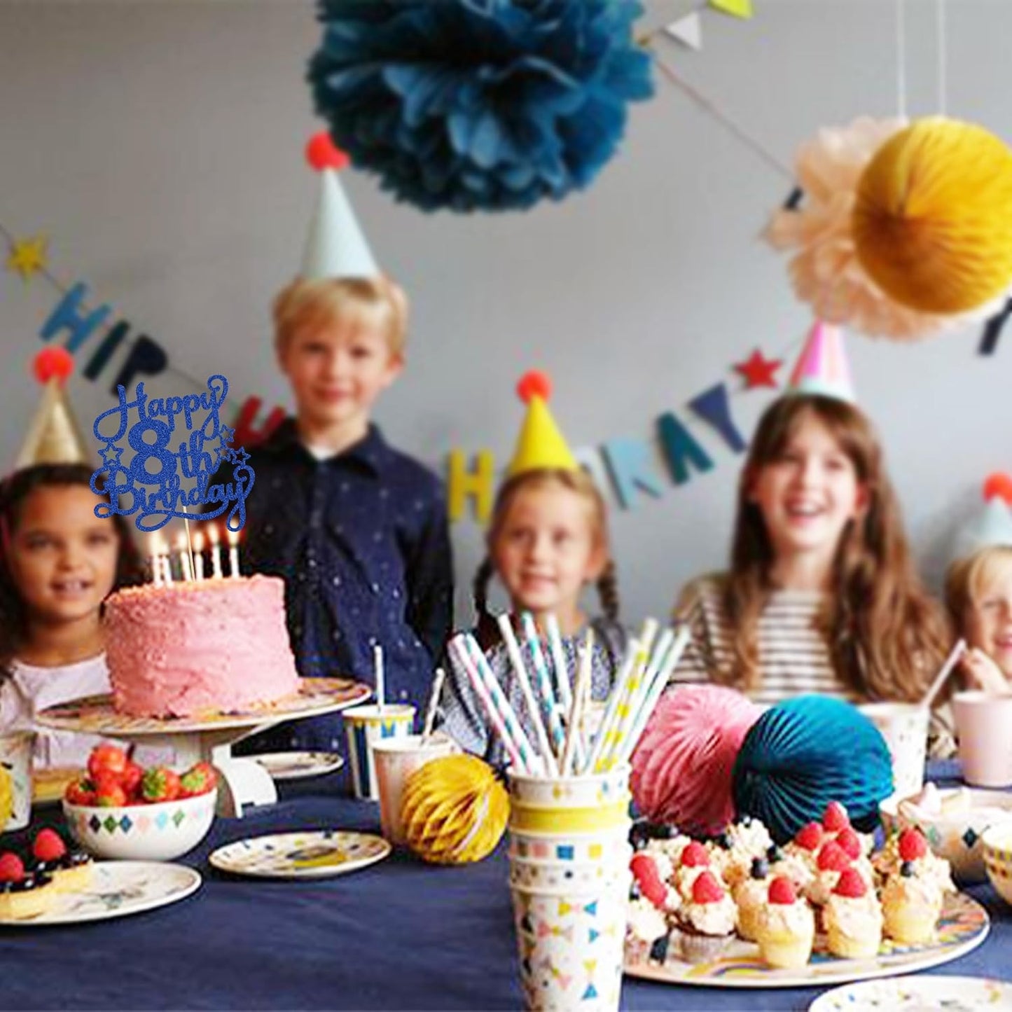Happy 8th Birthday Cake Topper - Blue Glitter Cheers to 8 Years Old Cake Pick for Celebrating Anniversary Party Cake Decorations Supplies (1 Pack)