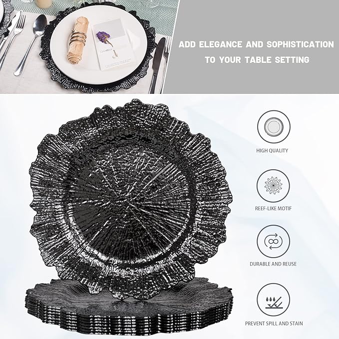 MAONAME 13" Round Black Charger Plates Set of 8, Reef Chargers for Dinner Plates, Plastic Plate Chargers for Wedding, Table Decor