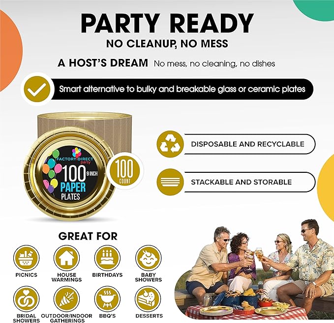 Exquisite Gold Paper Plates Disposable Heavy Duty 9 Inch Gold Disposable Plates For Party 100 Pcs Heavy Duty Paper Plate 350 GSM, Birthday Party Supplies Plate Set