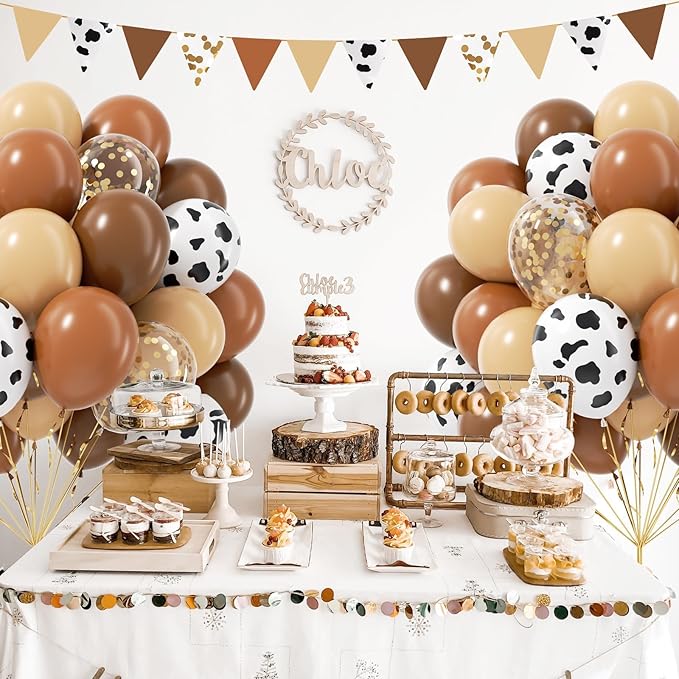 Brown Western Balloons, Brown Nude Gold Confetti Cow Print Latex Cowboy Balloons for Farm Cowboy Western Baby Shower Birthday Party Decorations