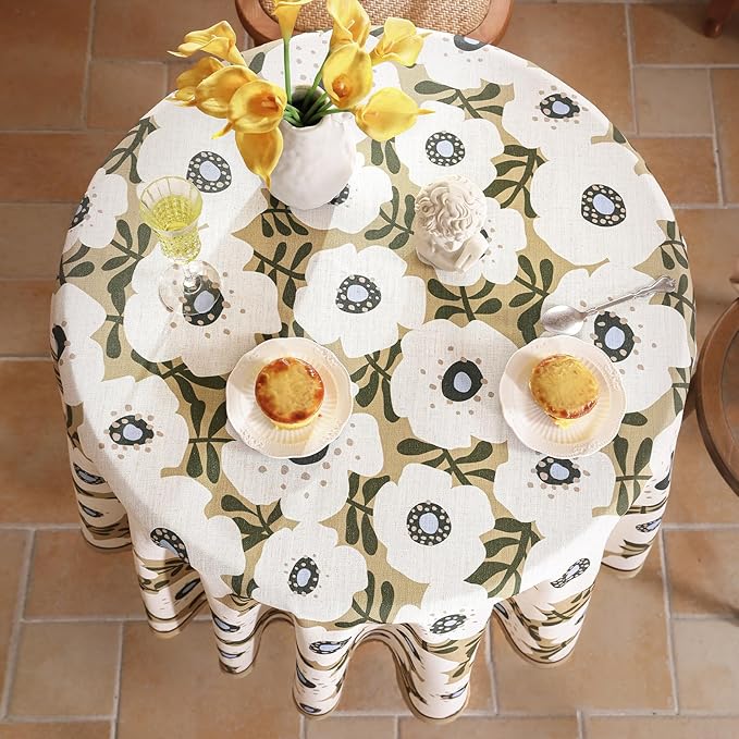 Designer Vintage Small Round Tablecloth,Linen French Tablecloth with White Floral Pattern,Decor Table Cover for Kitchen,Dining,Thanksgiving,Tea Party,Diameter 55"-Hidaka
