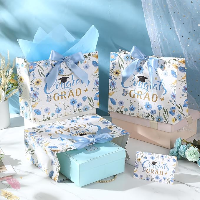Maitys 12 Pack 13" Large 2026 Graduation Gift Bags Bulk with Handle, Tissue Paper, Card, Ribbon Blue Gold Class of 2026 Congrat Grad Wildflower Paper Wrapping Bag for College Graduation Party Supplies