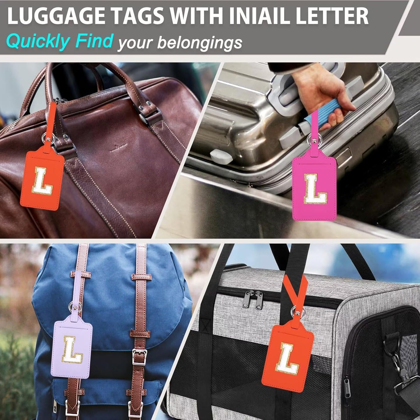 Personalized Initial Luggage Tags for Suitcases, Leather Chenille Letter Cute Luggage Tags with Privacy Name Card, Embroidered Travel Bag Backpack Tags Gifts for Women Kids Girls Teens(Orange-L)