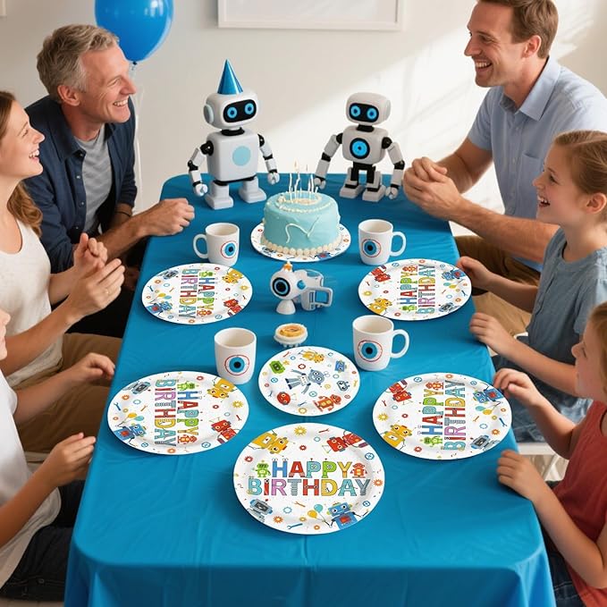 Grencian 96Pcs Robot Birthday Party Supplies Robot Themed Plates and Napkins Disposable Tableware Set for Boys Kids Birthday Party Baby Shower Decorations Serves 24