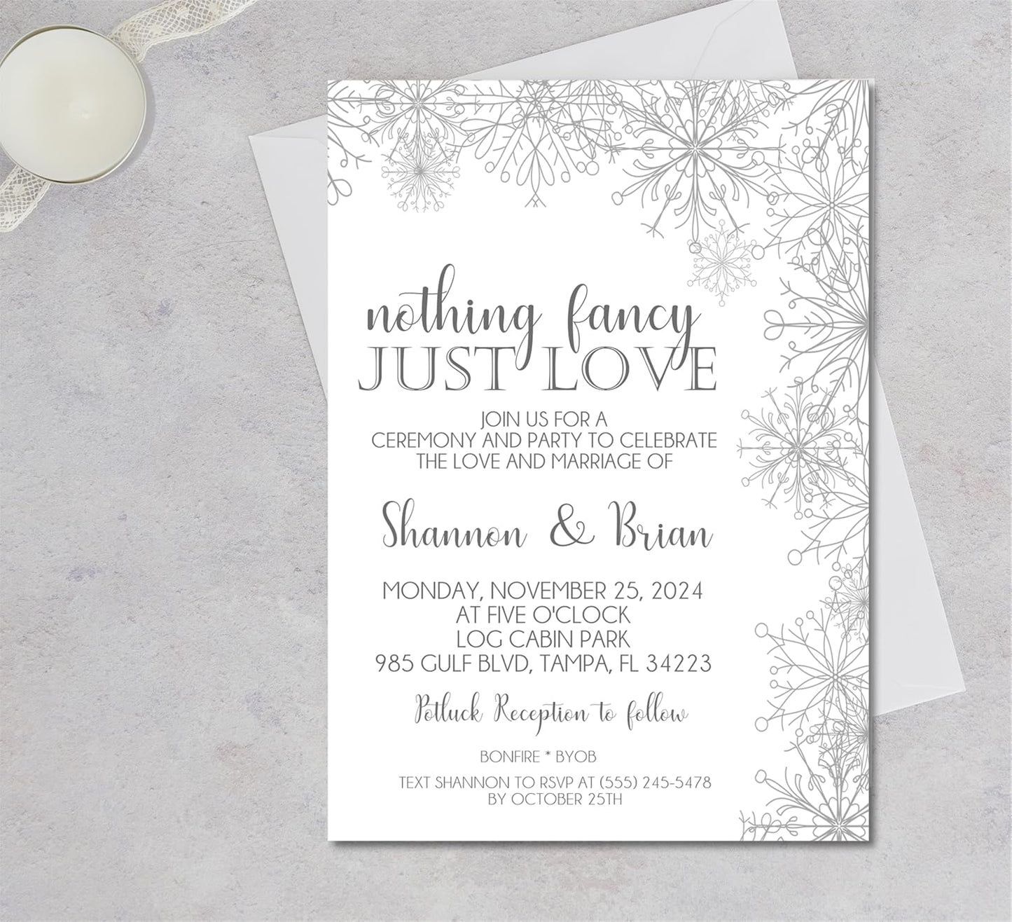 Winter Snowflake Wedding Invitations, Boho Winter, Personalized, Set of 12 Invitations with Envelopes