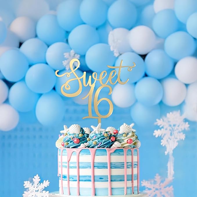 Shiny Acrylic Happy Sweet 16 Birthday Cake Topper, 7.5" x 6", Cheer to 16th Birthday Party Cake Decoration (Gold)