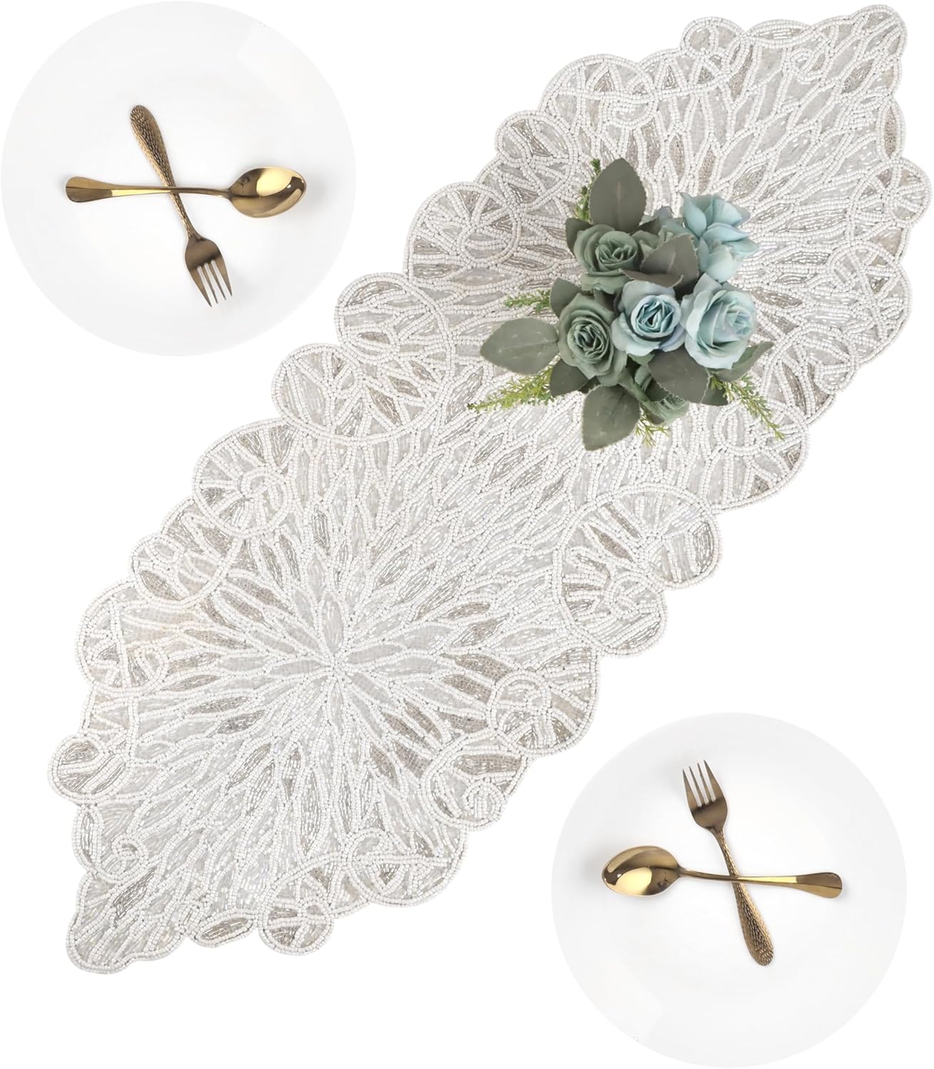 Beaded Table Runner - Elegant Indoor/Outdoor Decor for Weddings, Holidays, Gatherings, Parties, Dining & Special Occasions, Festive Home Decor (White Silver) - CLEENTABLE