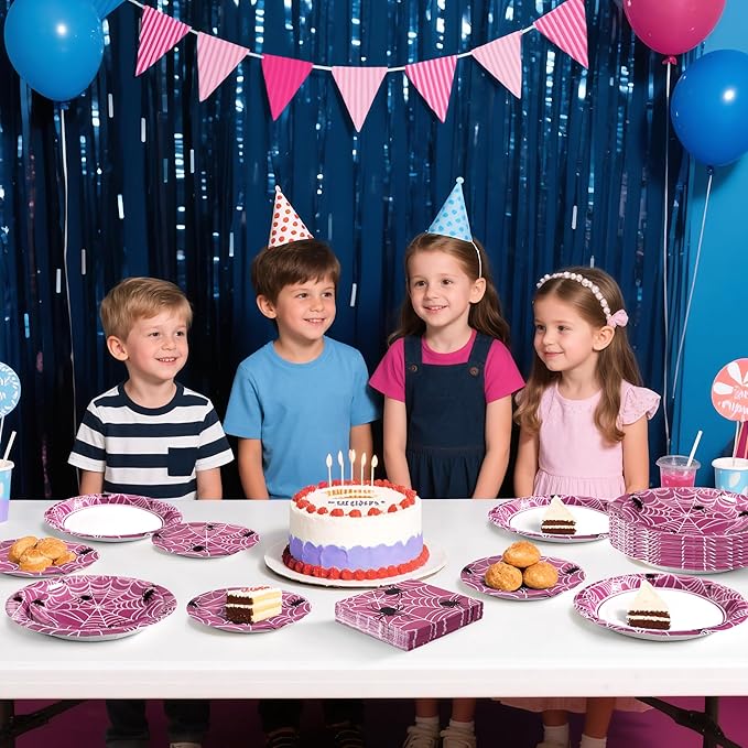 75pcs Spider Party Supplies, 25 Guest Disposable Pink Paper Plates & Napkins, Tableware Decorations Favors, Including 9" & 7" Plates & Napkins for Halloween, Birthday, Parties, and Everyday Use