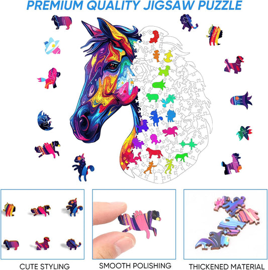 Reouinty Wooden Puzzles for Adults, Horse Liberty Cool Jigsaw Puzzles 200 Pieces, Unique Shape Animal Adult Pieces, Irregular Best Gift for Adults Family Game 10.8 x 12.6 in