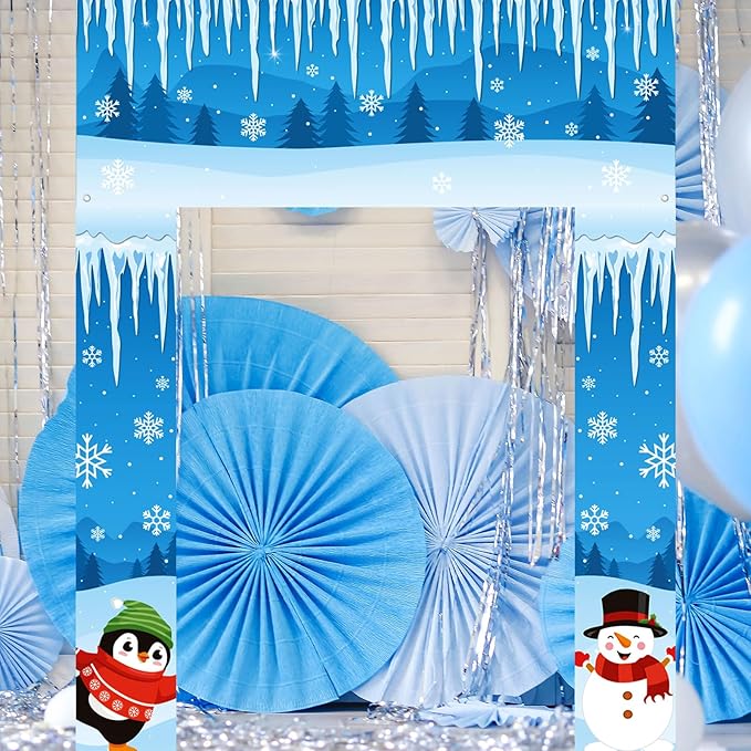 Winter Party Door Banner Classroom Door Cover Snow Wonderland Porch Decor Winter Birthday Decorations Photography Backdrop for Holiday Christmas Snowflake Party (Penguin Snowman)