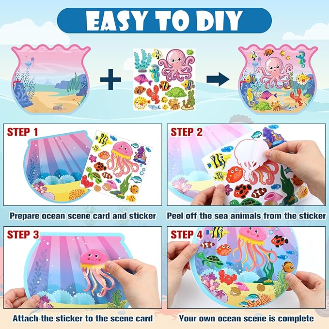 Frienda 48 Set Summer Craft Kit Fishbowl Under The Sea Sticker Crafts Bulk DIY Ocean Sea Animals Scene Stickers Shark Clown Fish Dolphin Decals for Summer Party Favors Home Classroom Game Activities