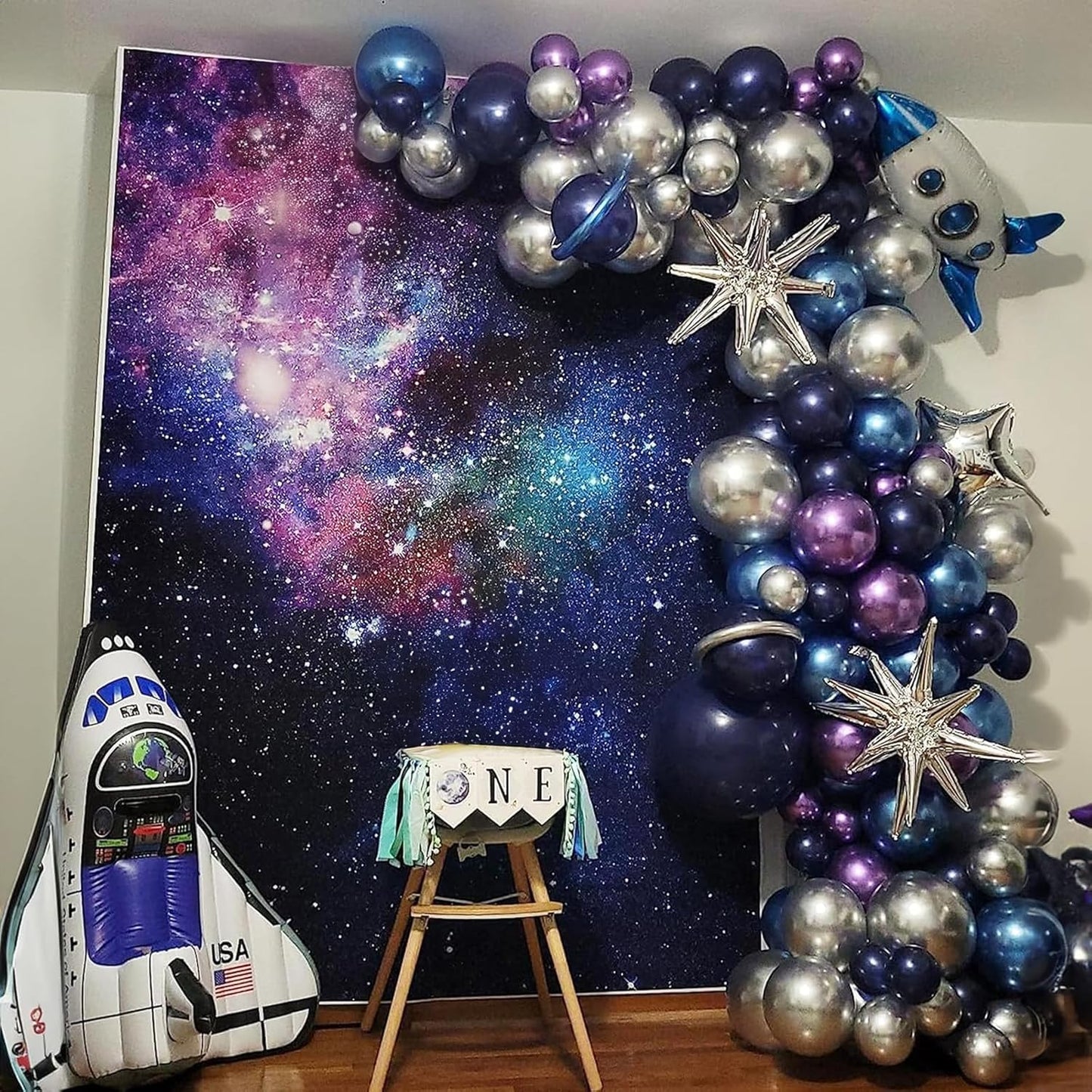 Togvu Outer Space Balloons, 12 Inches Galaxy Blue Purple Balloons with Metallic Black Silver Balloons, Outer Space Party Decorations for Kids Boys Astronaut Space Birthday Party Decoration