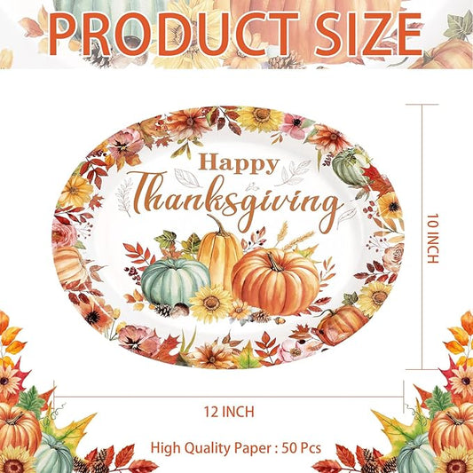 Grencian 50Pcs Thanksgiving Oval Paper Plates 12" X 10" Large Heavy Duty Disposable Fall Pumpkin Flowers Plates Autumn Give Thanks Platter for Fall Harvest Holiday Thanksgiving Party Decorations