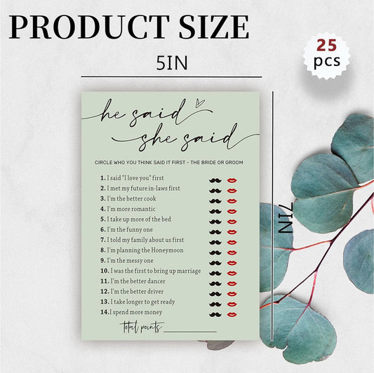 Bridal Shower Games, He Said She Said Game, 25Pcs Minimalist Sage Green Bridal Game Cards, Wedding Shower Games for Guests, Engagement Bachelorette Party Supplies