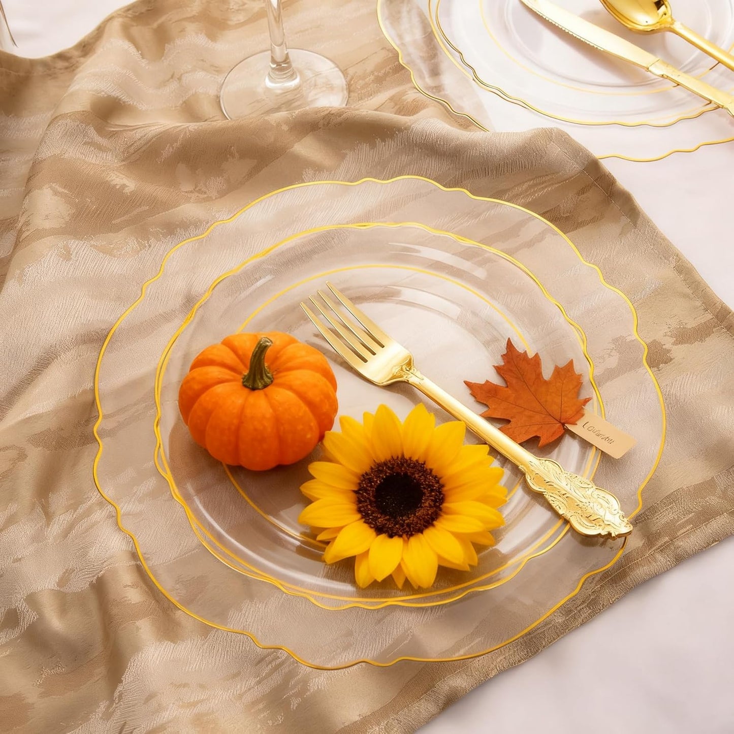 WDF 100pcs Clear Disposable Plastic Plates With Gold Trim - Baroque Clear Gold for Parties or Wedding or Thanksgiving - including 50PCS Dinner Plates 10.25inch and 50PCS Salad Plates 7.5inch