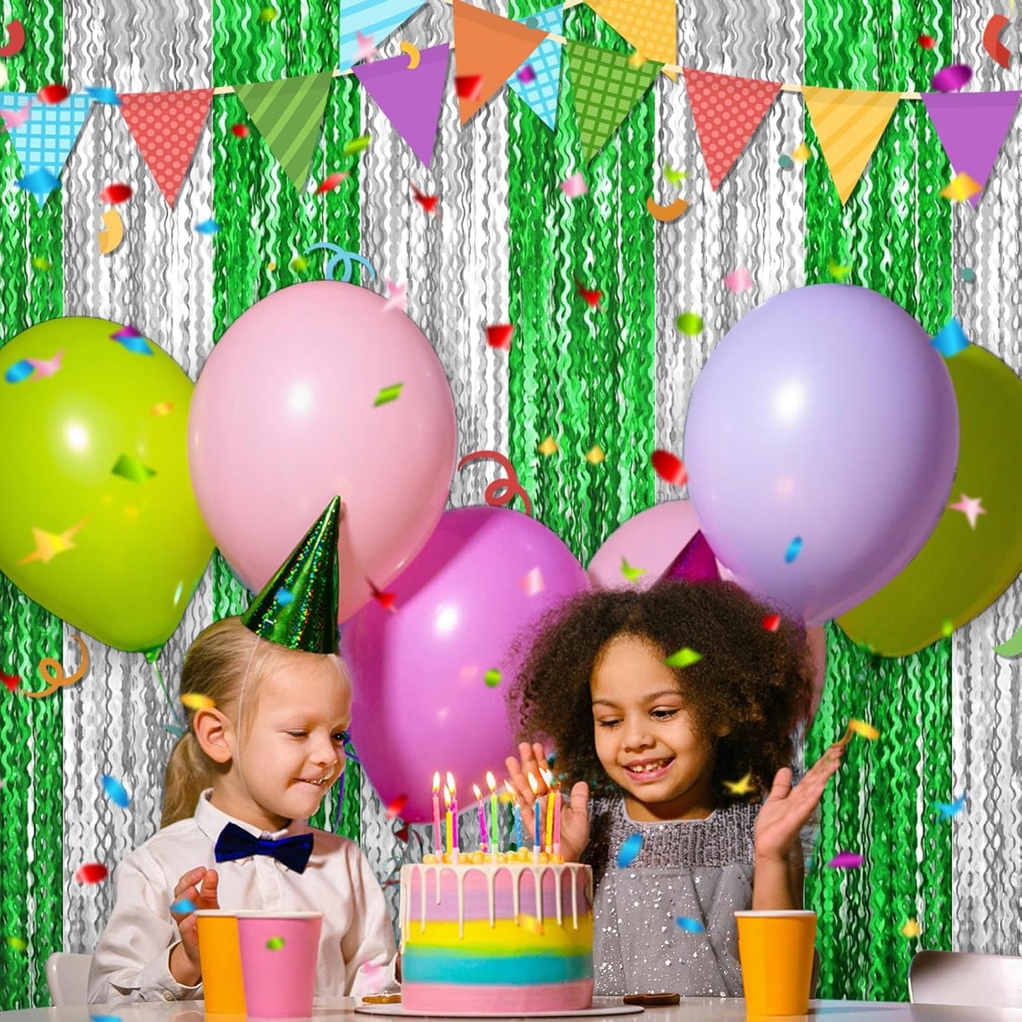 4 Pack Silver Green Fringe Curtain Backdrop 3.2Ft x 8.2Ft Metallic Tinsel Foil Fringe Streamers Background for Photo Booth Mother's Day, Easter, Carnival, Birthday, Wedding Party Decoration