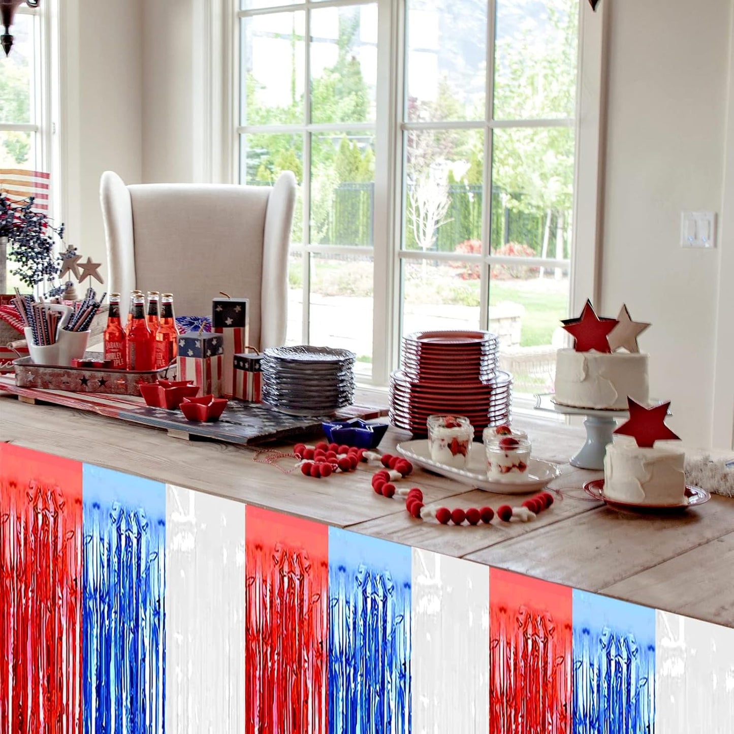 6 Pack 29x108 Inch Metallic Foil Fringe Table Skirts Banner for Tinsel Streamer Garland Curtains Backdrop for Parade Floats Wedding Birthday Independence Day Party Decorations(Red Blue White)