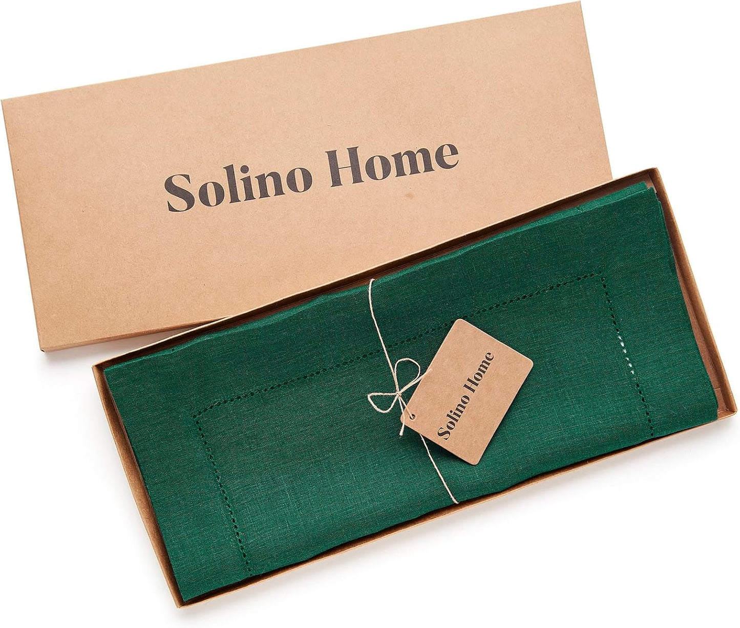 Solino Home Linen Rainforest Green Hemstitch Table Runner 60 Inches - 100% Pure Linen Small Table Runner 14 x 60 Inch Ideal for Dresser and Coffee Tables - Classic Hemstitch - Christmas, Thanksgiving