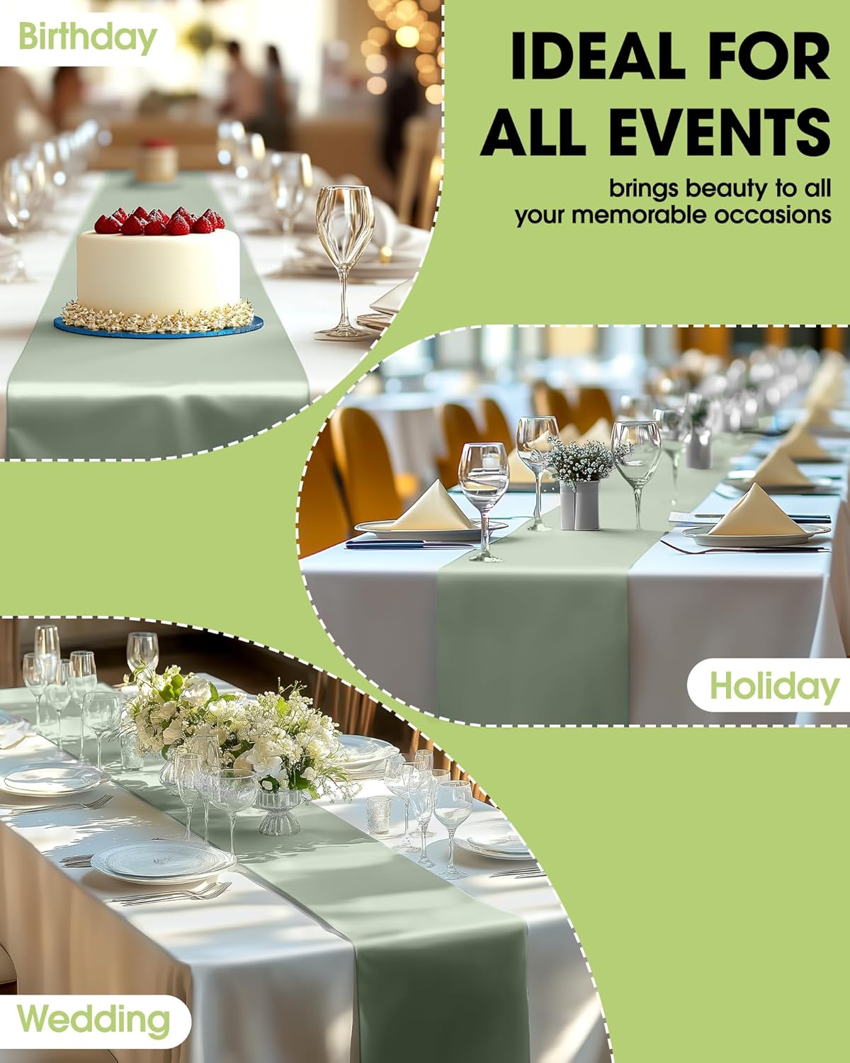 Pureegg Sage Green Plastic Table Runners - 30 Pack, 14'' x 108'', Water Resistant & Disposable Centerpiece Decorations for Table Cloth, Wedding, Birthday, Holiday, Baby Shower, Party, Home Decor