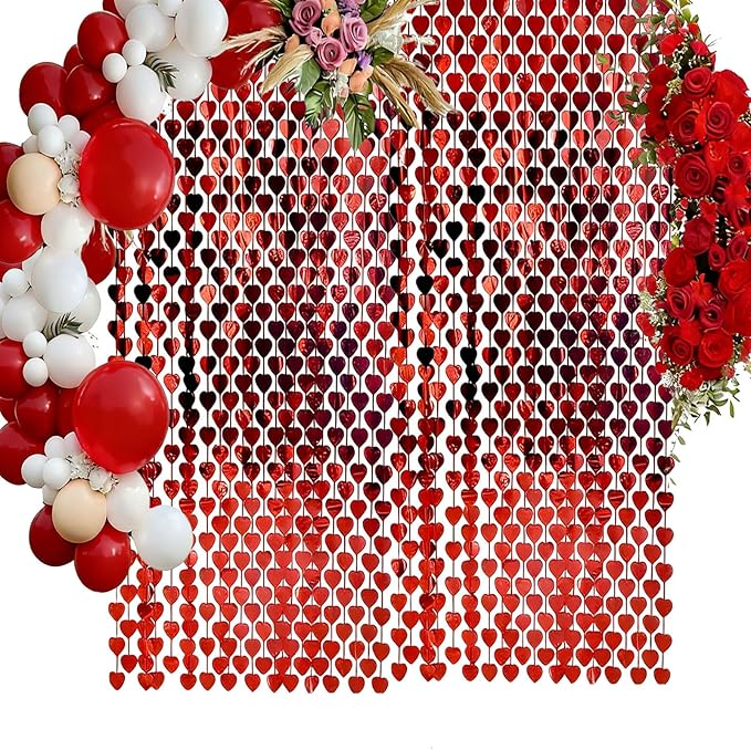 Red Heart Metal Foil Streamers Curtains, 2 Pcs 3.3x6.6ft Valentine's Party Decorations - Heart Pattern Backdrop for Engagement, Wedding & Birthday Photo Props