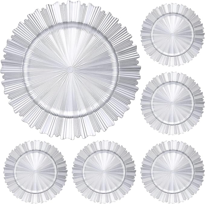 6 Pcs Silver Charger Plates,13 Inch Elegant Fluted Edge Plastic Charger Plates Reusable Table Chargers for Dinner Birthday Wedding Party Bridal Showers Tableware Dishes Luxury Decor
