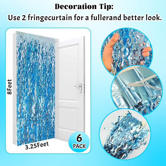 ADLKGG 6 Pack Blue Wavy Foil Fringe Curtain, Streamers Water Beach Backdrop for Ocean Backdrop | Under The Sea Party Decorations | Summer Pool Party Decorations, 3.3x6.6 Feet