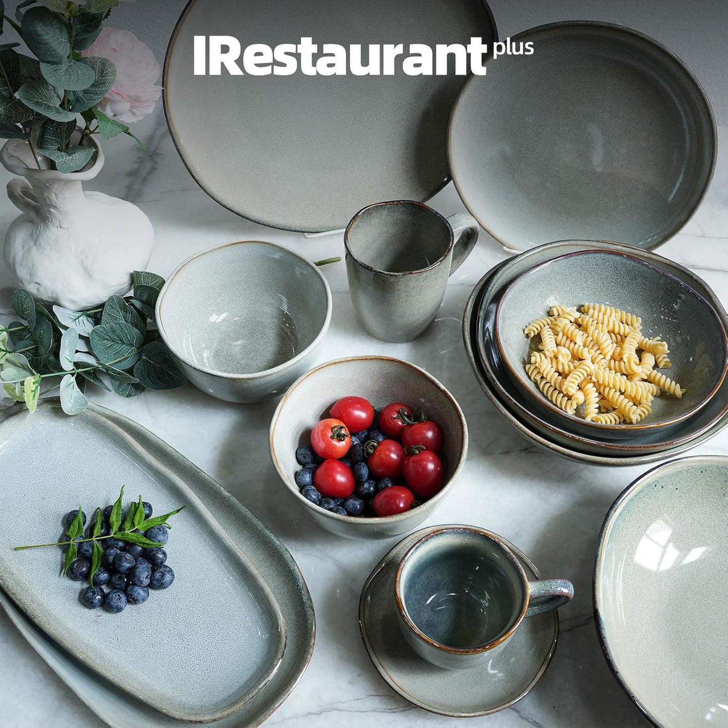 Organic Shape Restaurant Dinner Plates 10.5 ", Commerical Grade Catering Stoneware Plates in Ir-regular Organic Shape, Chip & Scratch Resistant, Glossy Reactive Glaze Grey, Case of 12