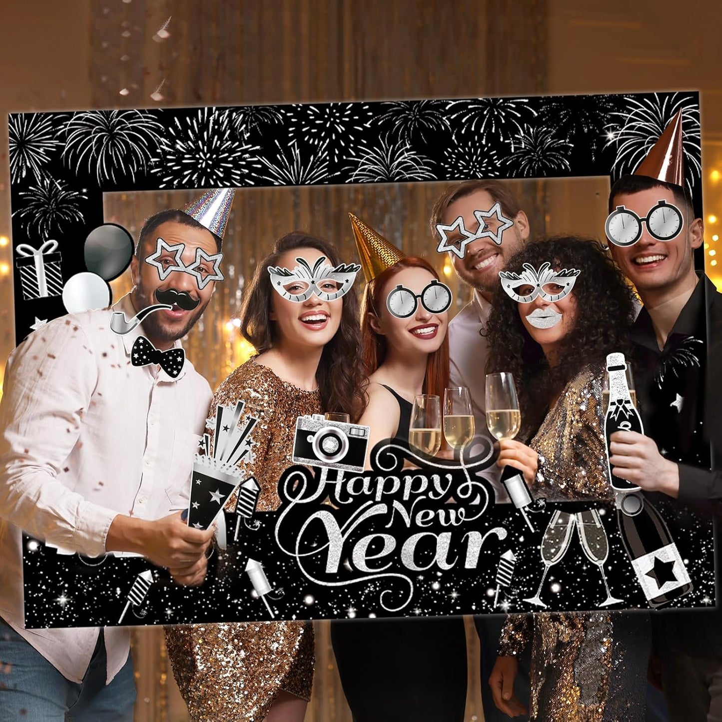 HOWAF 30pcs Happy New Year Photo Booth Props with Photo Frame, 2026 Black Silver New Year Decoration Photo Props,New Years Props for NYE Party, 2026 NYE Cheers to The New Year Selfie Props