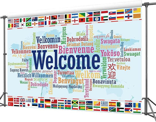 Homewelle International Flag Backdrop 7Wx5H Feet Polyester Fabric World Map Welcome Banner Colorful Decoration Country Sports Events Favors Club Photography Background Photo Shoot Props