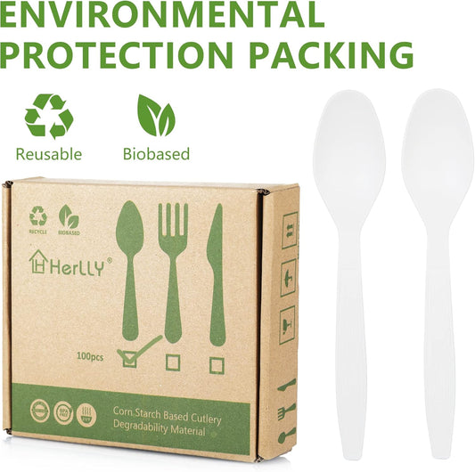 Compostable Spoon,100 Biodegradable Silverware for Party,Large Disposable Utensil Eco Friendly Durable and Heat Resistant,Alternative to Plastic Spoon