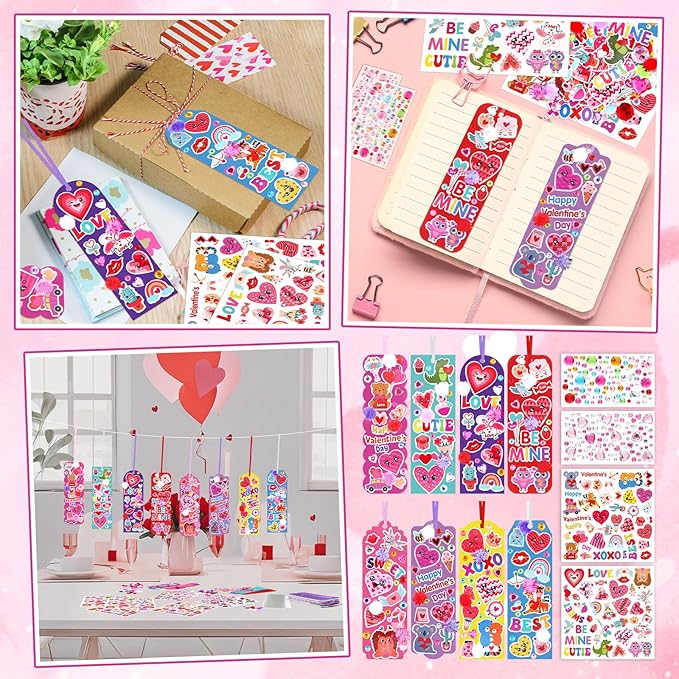 Frienda 48 Sets Valentine DIY Bookmarks Craft Kit Valentine Decorations Art Sets Blank Foam with Smile Face Hearts Owl Alphabets Stickers Pom-poms for Activity Reading Gift Exchange